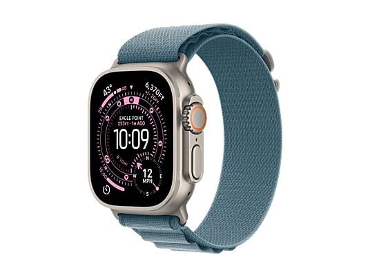 Apple Watch Ultra 3 (2025), GPS+CEL, 49 mm, Caja de Titanio Natural, Correa Alpine Loop Azul claro, M, Calidad del sueño, Via satélite, 42h Autonomía