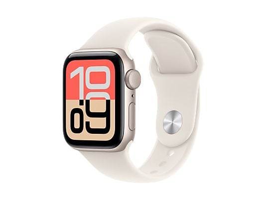 Apple Watch SE 3 (2025), GPS, 40 mm, Caja de aluminio Blanco estrella, Correa deportiva Blanco estrella, S/M, Calidad del sueño, Medición temperatura